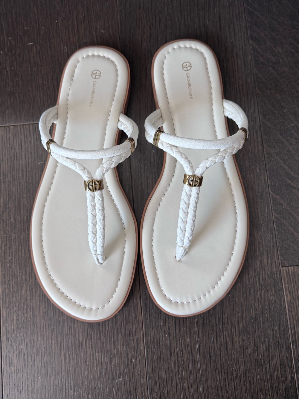 Giani Bernini White Braided T-Strap Slide Sandals with Gold Accents